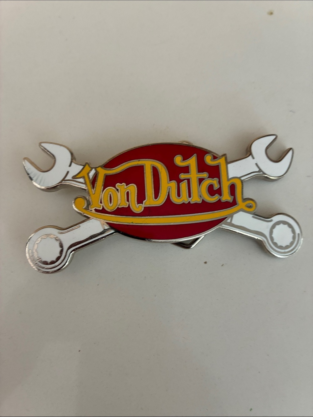 Von Dutch Red & Yellow Enamel Logo belt buckle with Wrench Design